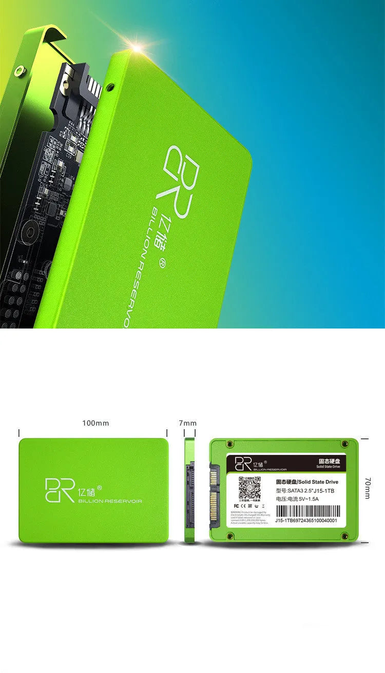 Black 2.5-inch SATA solid state drive showing capacity options from 128GB to 2TB