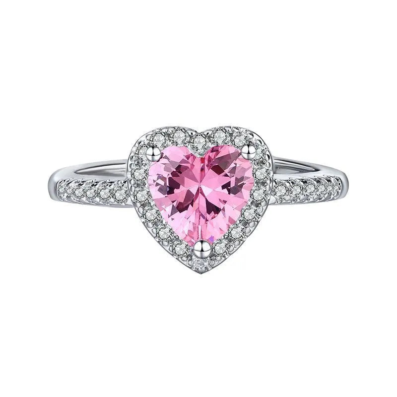 Heart-shaped adjustable open copper ring for women in pink, white, red, blue, green, or purple diamond colour design
