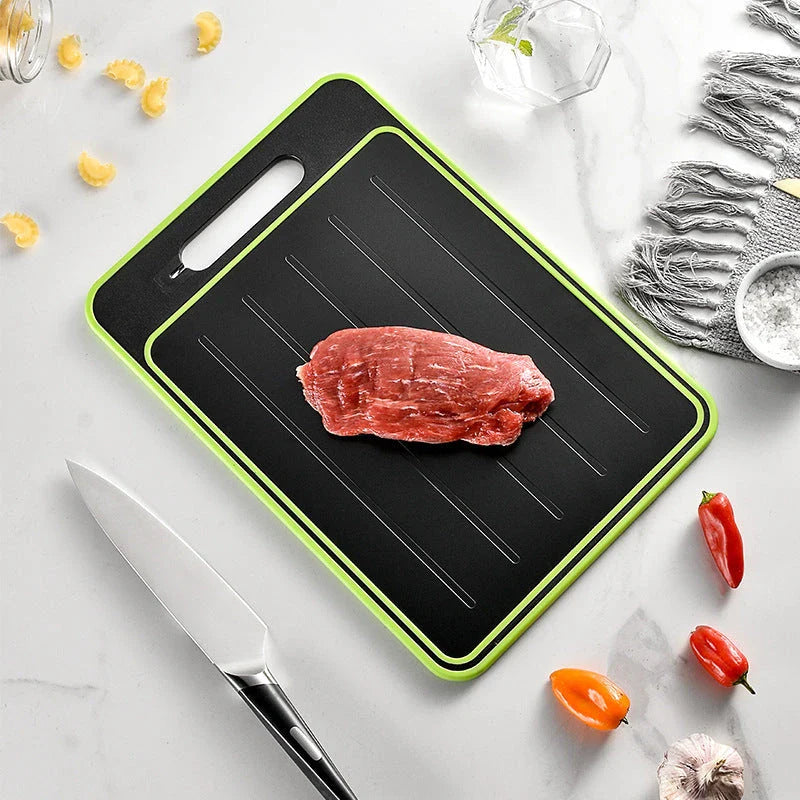 Multifunctional cutting board with defrosting, grinding, and knife sharpening features, made of premium aluminum for high-temperature resistance and easy cleaning.