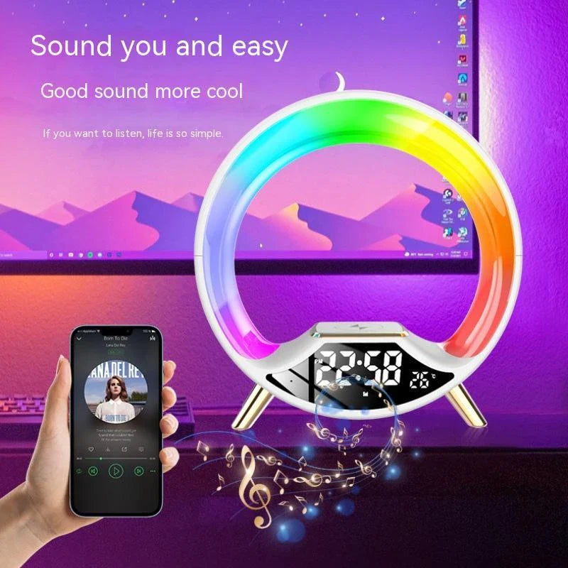 Multifunctional wireless charging night light with Bluetooth speaker, featuring customizable lighting, fast charging, and high-quality audio