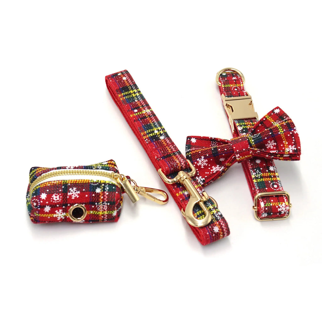 Red Christmas pet accessory set showing collar, leash, bow, harness, and waste bag with laser sculpture design