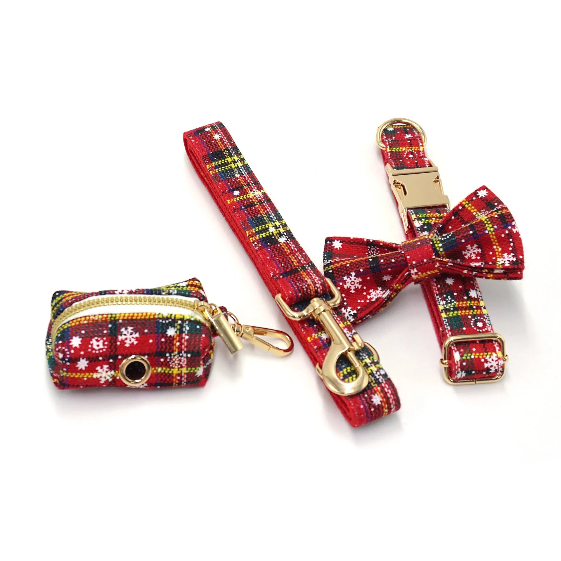 Red Christmas pet accessory set showing collar, leash, bow, harness, and waste bag with laser sculpture design