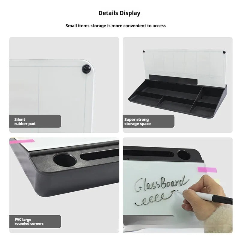 Glass whiteboard 18x40cm with black frame and marker on desk
