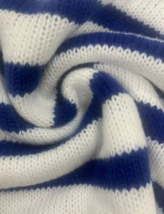 Sapphire blue striped acrylic pullover sweater with round neck and long sleeves