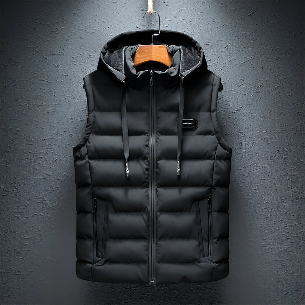 Men's slim fit cotton-padded waistcoat with zip pocket, solid colour, straight hem, sleeveless cardigan style