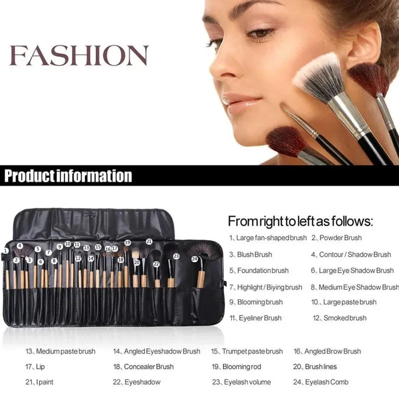 24 piece professional makeup brush set with wooden handles in PU gift bag