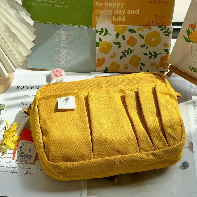 Canvas hand account storage bag in ginger yellow with shoulder strap, Korean style, large capacity