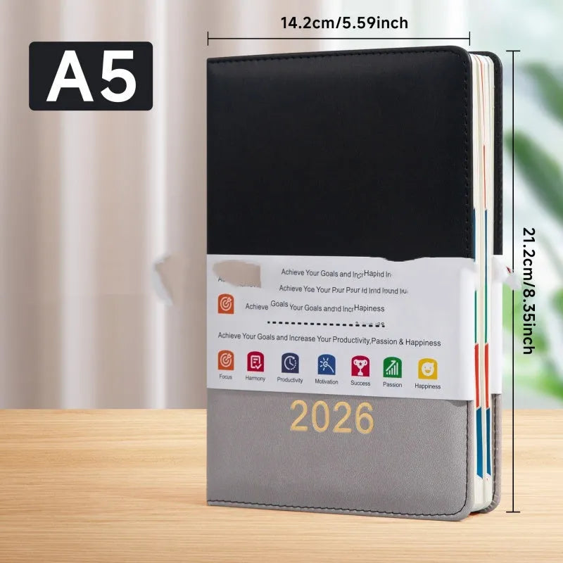A5 English schedule book with waist seal, imitation leather cover, open to daily page
