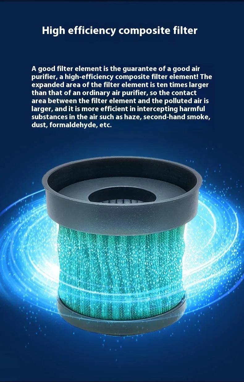 Black compact car air purifier with USB cable for formaldehyde removal and anion generation.
