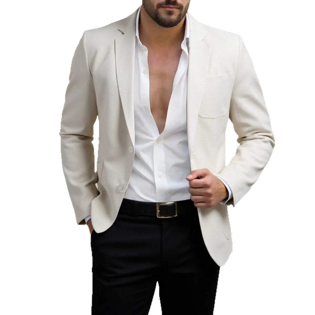 Men's Korean slim fit blazer in solid colour cotton blend with patch pockets, front view, available in white, light blue, khaki, sizes S to 3XL