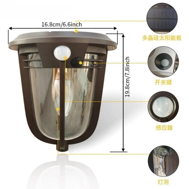 European retro solar wall lamp with IP55 rating, 169x192x83mm, for outdoor courtyard lighting