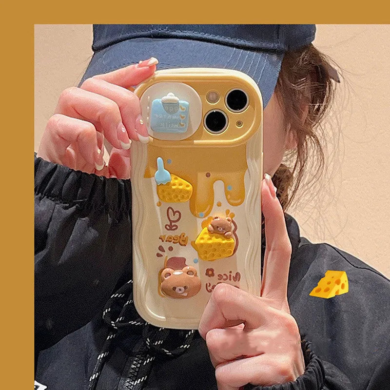 Apricot plastic phone case with Cheese Bear cartoon and sliding window for iPhone 14 Pro