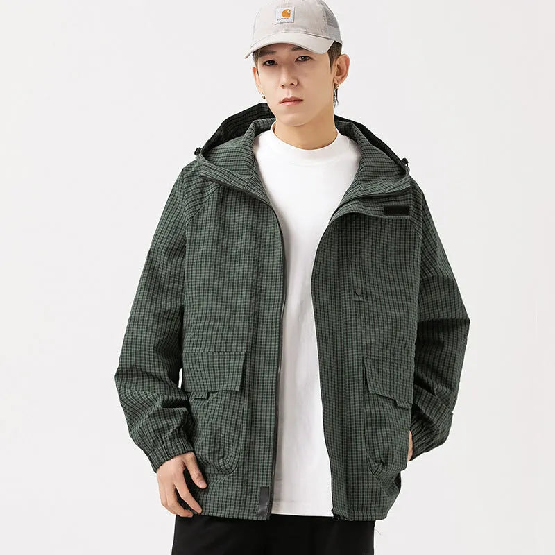 Men's hooded assault jacket in black, purple, green or caramel, loose polyester workwear coat with side pockets, sizes S-3XL