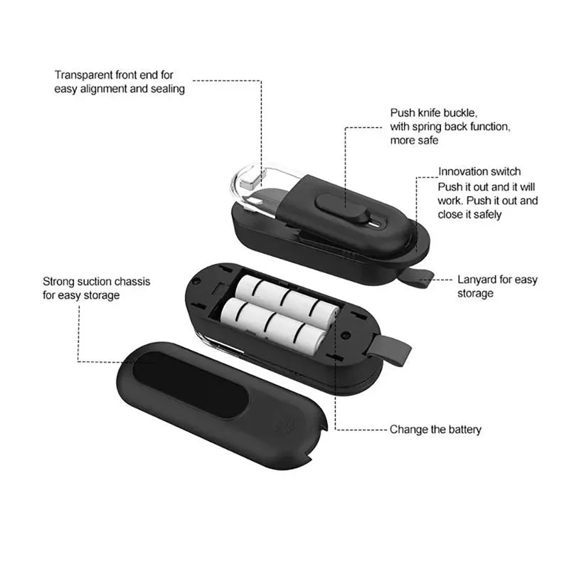 Handheld ABS bag sealer and resealer with cutter, battery powered, 100 x 38 x 35mm, in black, white or Lake Blue.