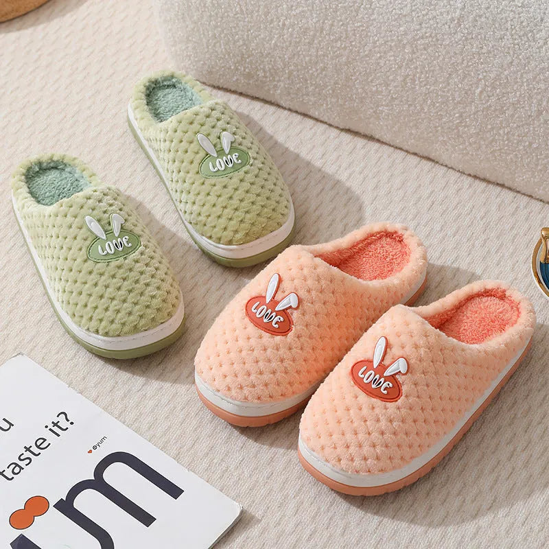 Women's plush rabbit plaid design house slippers with artificial fur and a light brown anti-slip rubber sole.
