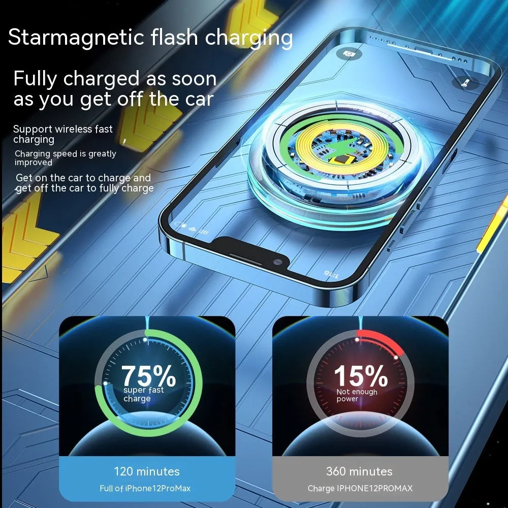 Black magnetic wireless charging stand attached to a car air vent, showing a smartphone secured on it.