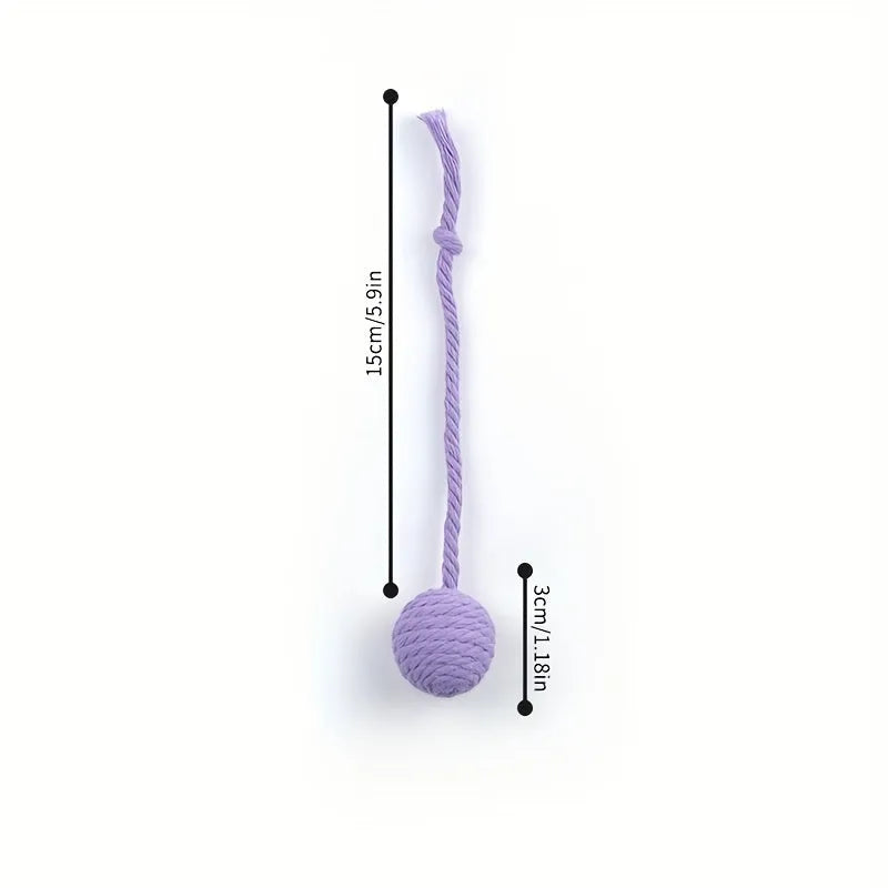 Colourful cat toy ball with attached rope and internal bell for kitten play