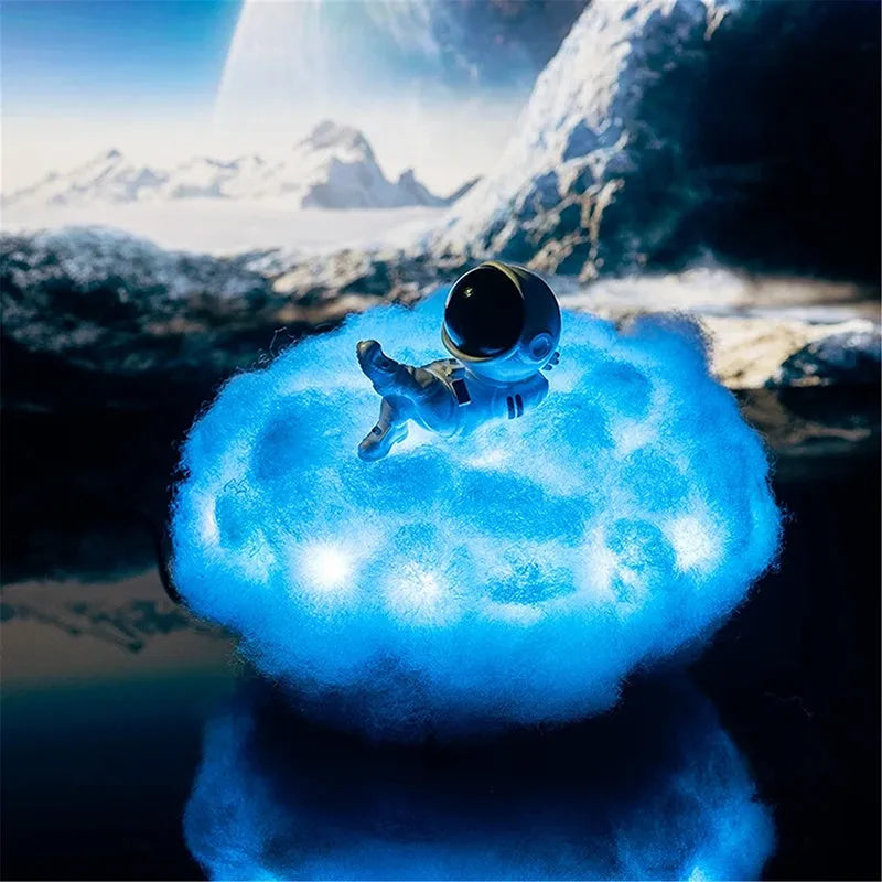 LED astronaut cloud night light with rainbow colours, wooden stand, 15x20cm size
