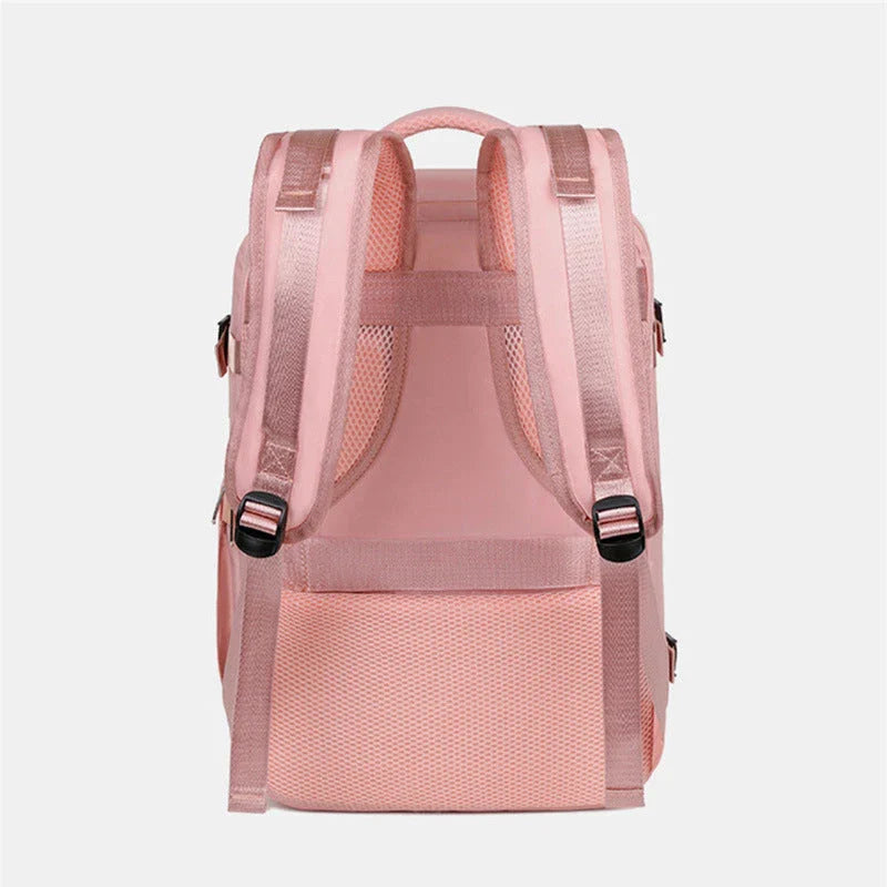 Stylish women's travel backpack with large capacity, separate wet and dry compartments, and a sleek, minimalist design