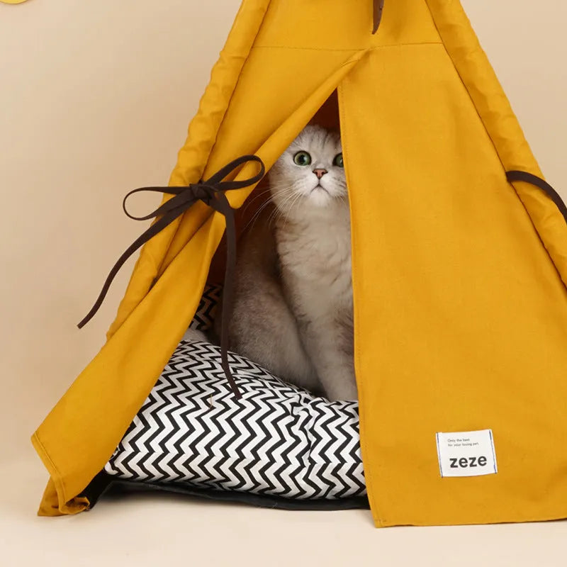 Sunset yellow semi-enclosed cat tent pet bed made from soft cloth with removable washable cover