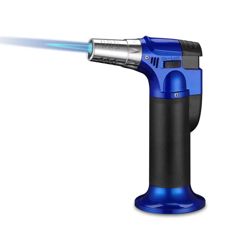 Portable straight cigar flame gun igniter in silver finish with 360° inverted ignition and butane fuel port