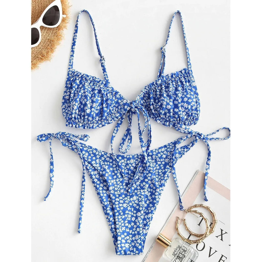 Women's printed multi-rope banded bikini swimsuit with lapel collar and short sleeves