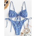 Women's printed multi-rope banded bikini swimsuit with lapel collar and short sleeves