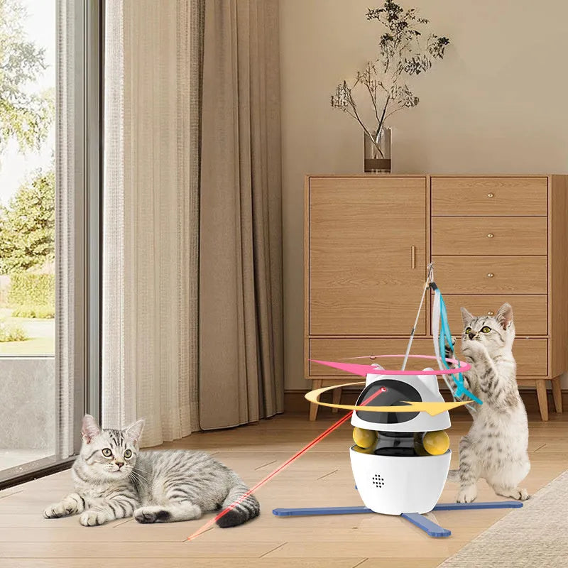 Automatic rotating electronic cat toy with feather teaser on an elastic rope, suitable for indoor cats