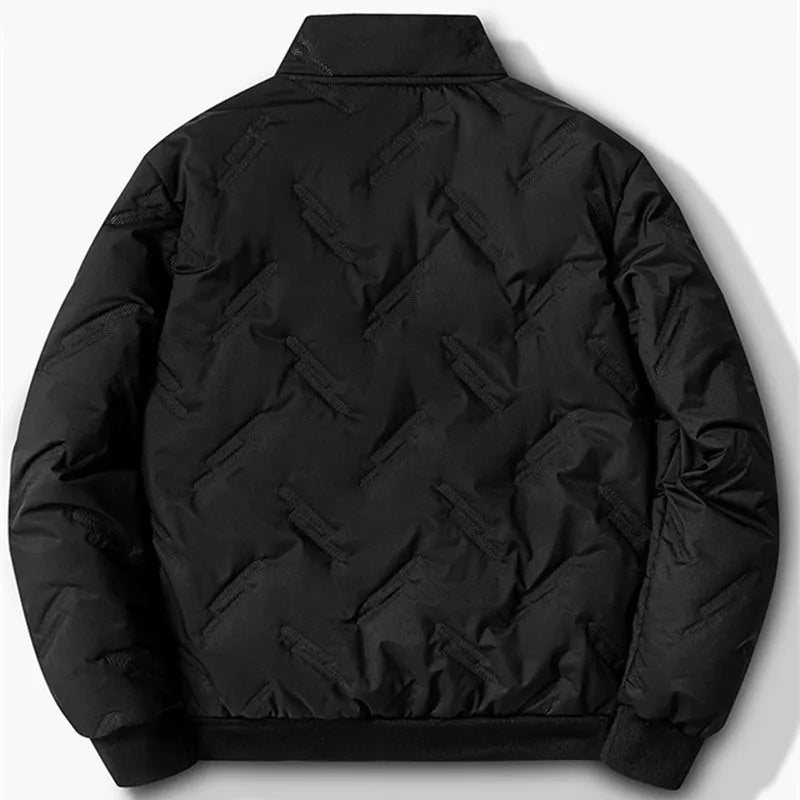 Men's graphene-design winter coat in black, shown front view, with thickened fleece and long sleeves