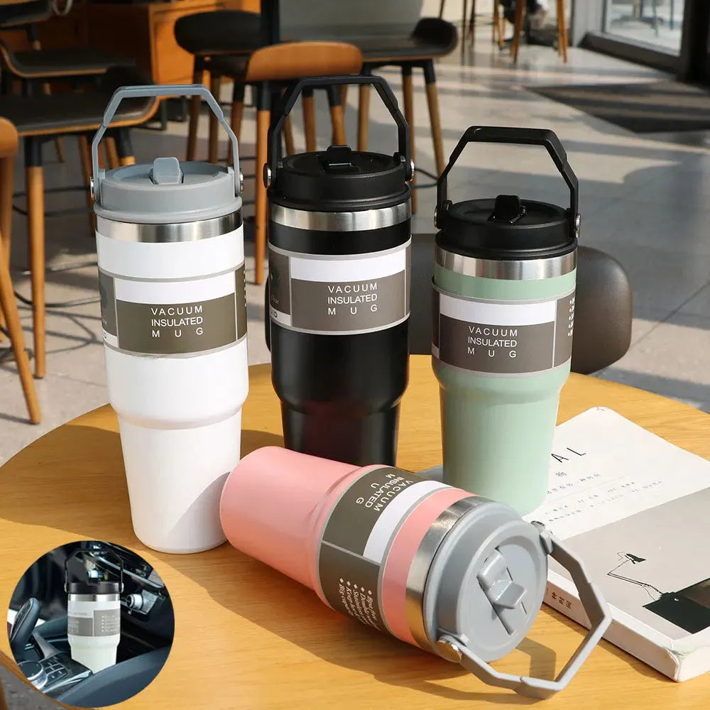 30oz insulated stainless steel tumbler in dark pink with handle cover and splash-proof lid