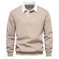 Men's long sleeve polo collar sweater in cotton polyester blend, shown in black with thread belt sleeve detail