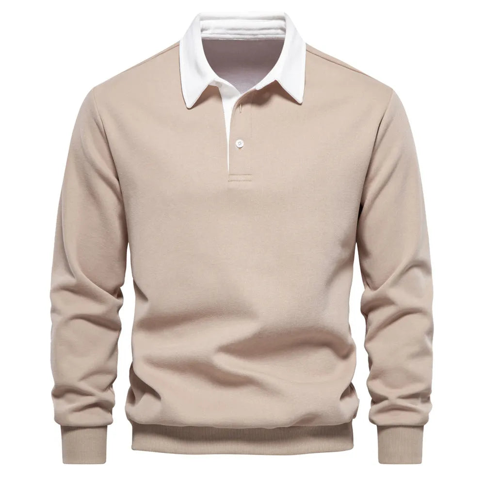 Men's long sleeve polo collar sweater in cotton polyester blend, shown in black with thread belt sleeve detail