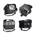 Black aluminium motorcycle LED spotlight with projection lens, 5000lm, 9-85V, yellow and white light.