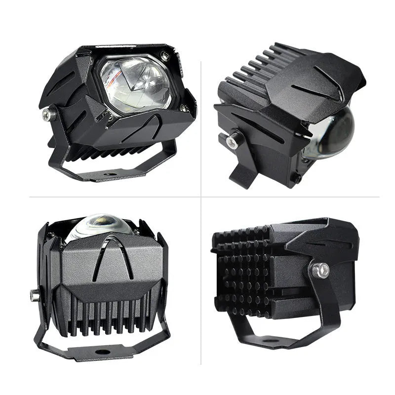 Black aluminium motorcycle LED spotlight with projection lens, 5000lm, 9-85V, yellow and white light.