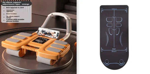 Orange four-wheel abdominal roller with elbow support pads and automatic rebound mechanism.