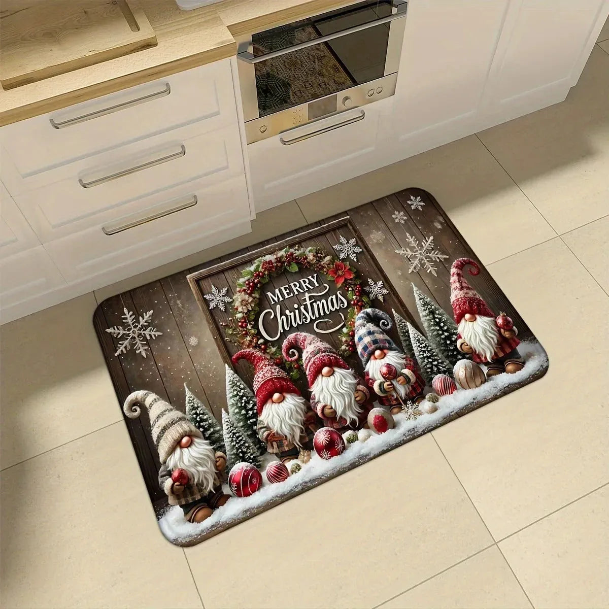 Christmas cartoon kitchen mat set of 2, anti-slip polyester doormat with skin-friendly suede finish, square printed rug