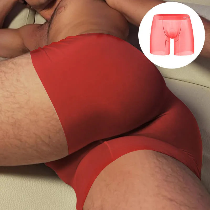 Men's seamless nylon boxer shorts in red, pink, or orange for workouts.
