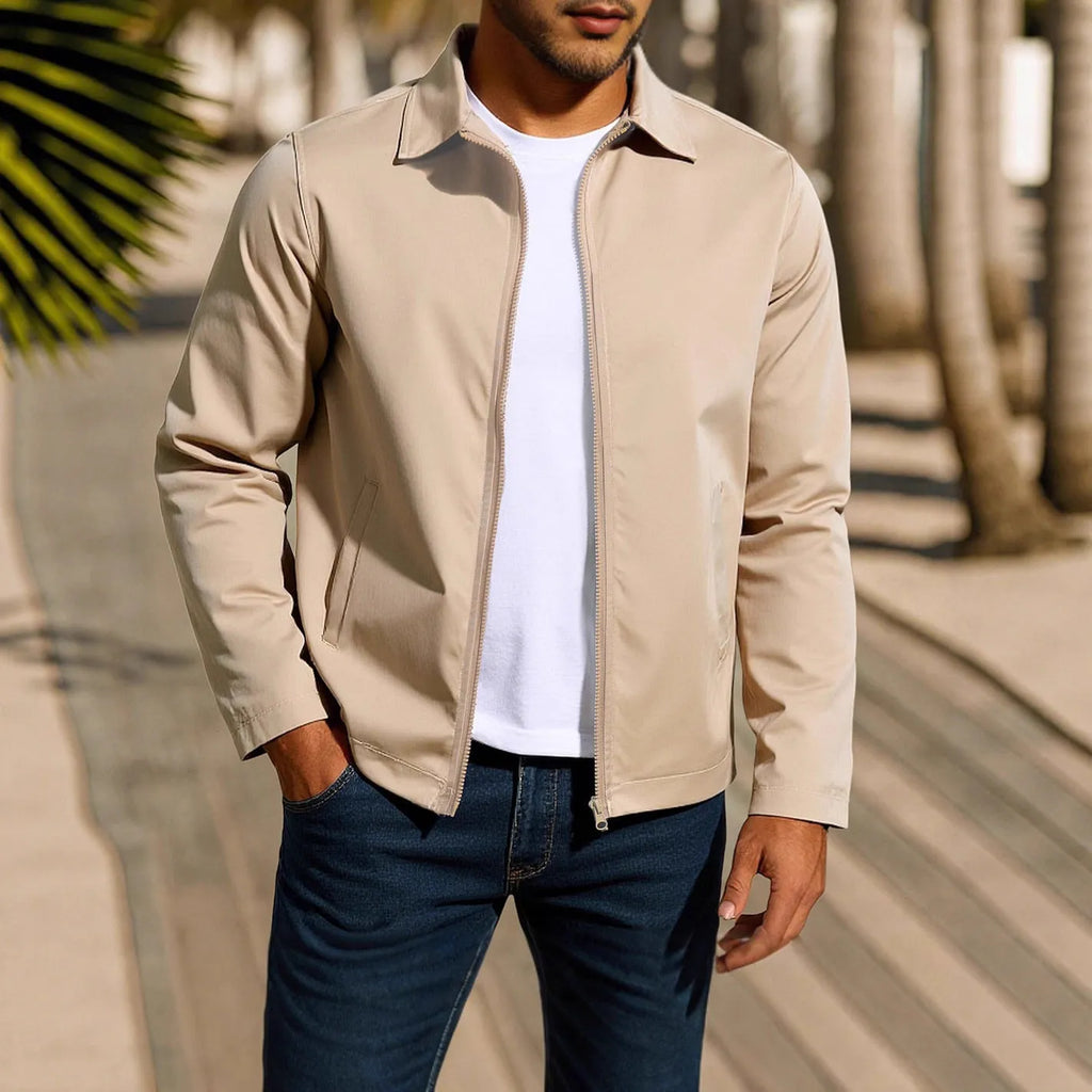 Men's zip-front cardigan jacket with raglan sleeves shown in emerald green, khaki, black, and navy blue colour options.