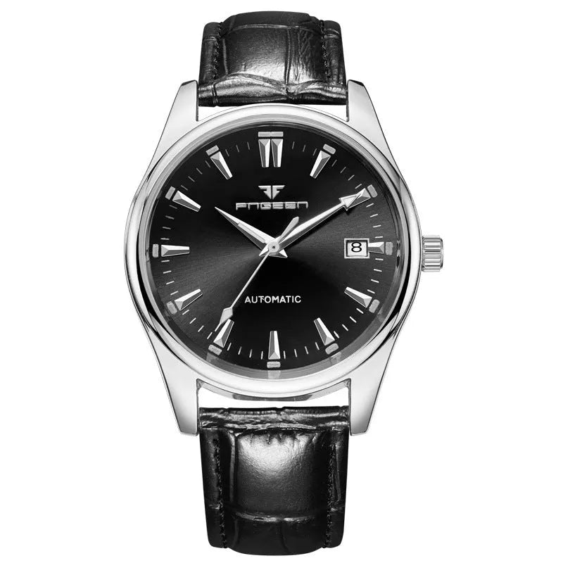Men's quartz business watch with 10mm case, coated glass mirror, and stainless steel back in black or white steel or leather
