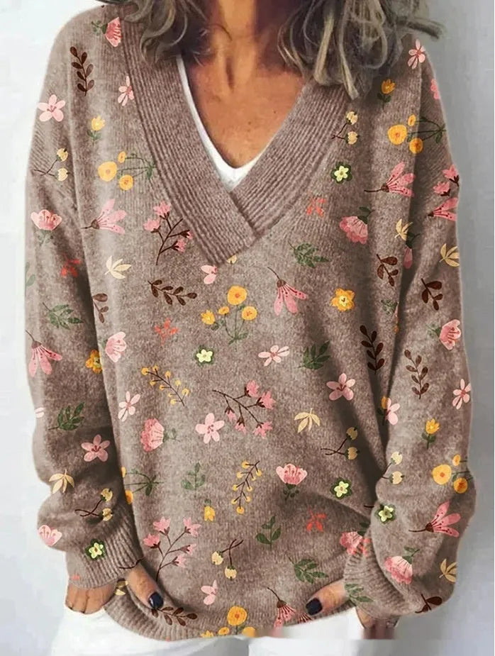 Women's V-neck sweatshirt with a printed 3D floral pattern in an art retro style.