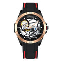 Automatic men's skeleton watch with rose gold case and blue dial showing mechanical movement