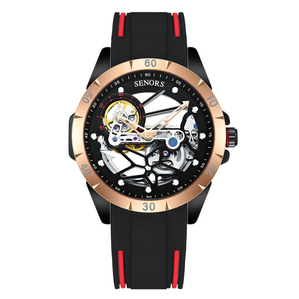 Automatic men's skeleton watch with rose gold case and blue dial showing mechanical movement