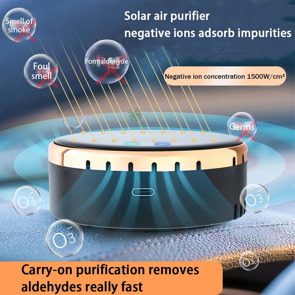Black solar car humidifier mounted on vehicle air conditioning outlet with moisture mist visible