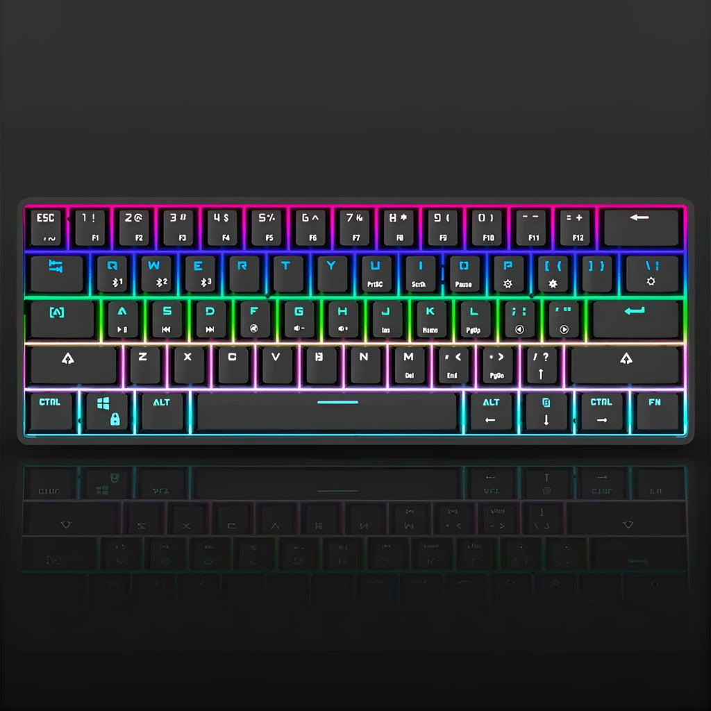 Wireless Bluetooth keyboard with colourful PBT keycaps in black casing on a desk