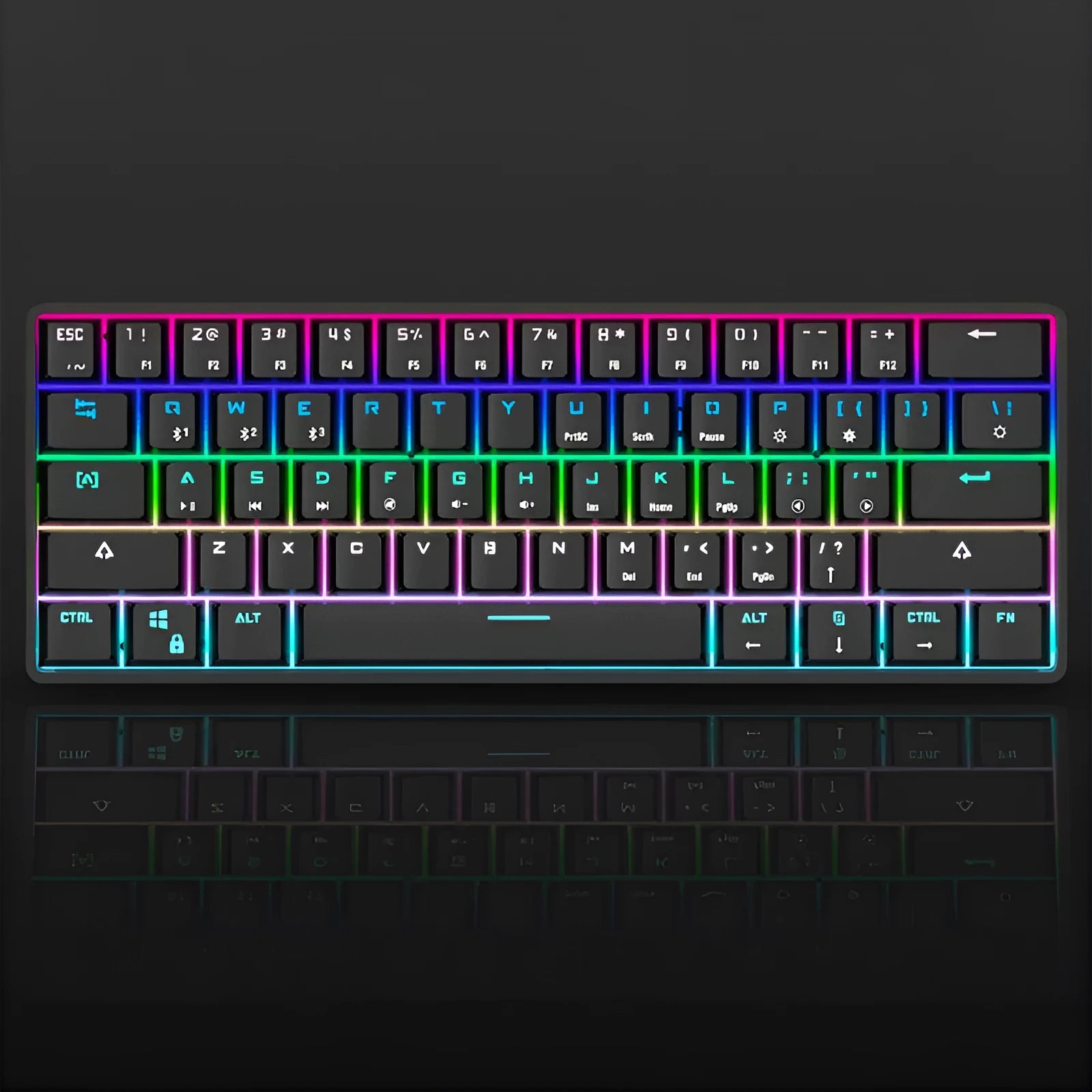 Wireless Bluetooth keyboard with colourful PBT keycaps in black casing on a desk