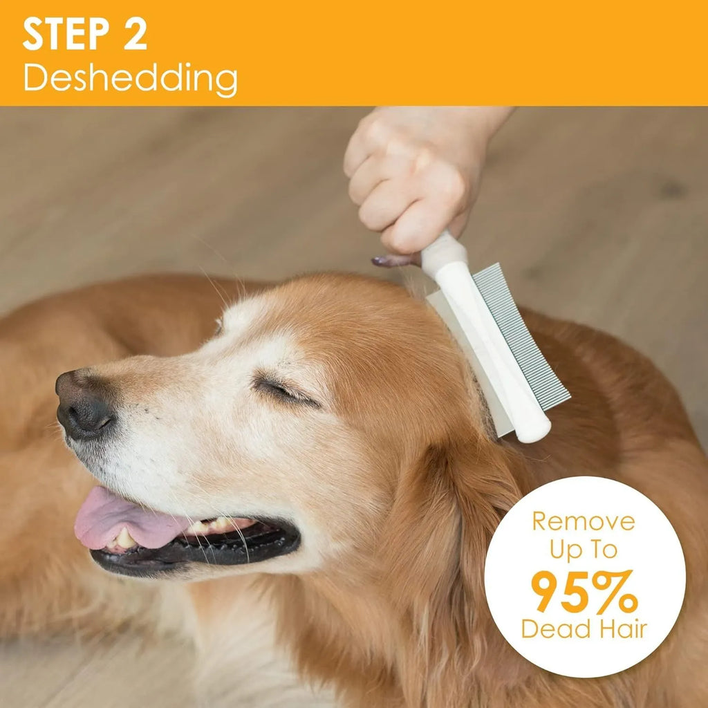 White 2 in 1 dog and cat deshedding brush with double-sided grooming comb and ergonomic handle.