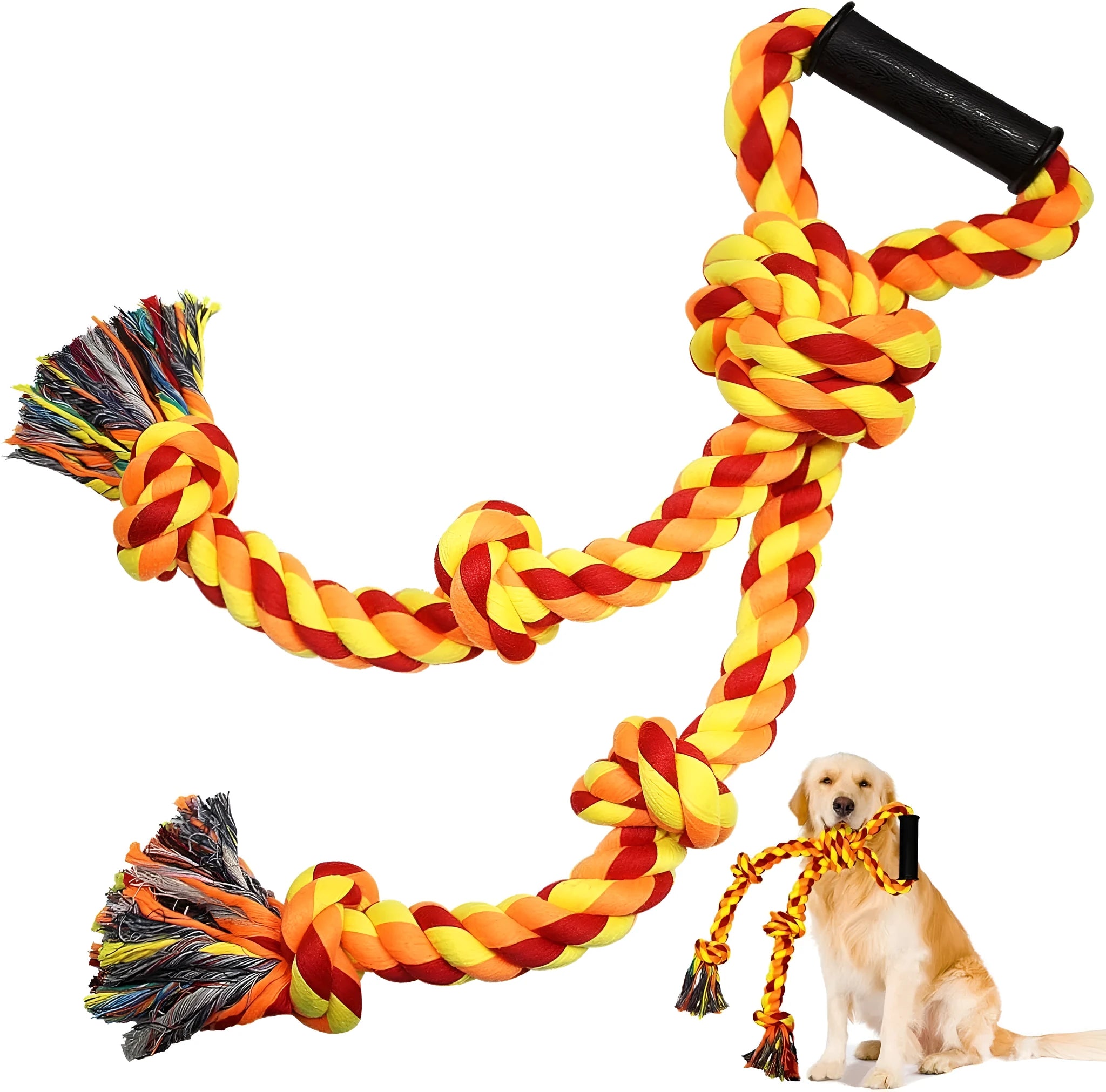 Blue and yellow woven cotton rope dog tug toy with ergonomic handle for large breed dogs.