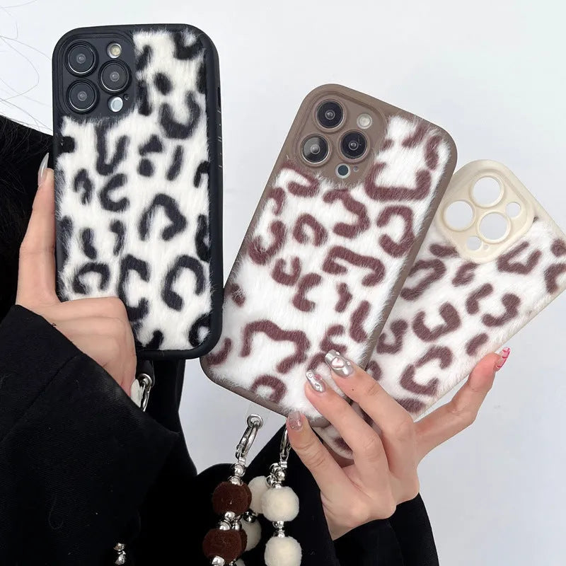 Leopard print plush silicone phone case with chain bracelet for Apple iPhone, shockproof all-inclusive cover in brown, black or beige