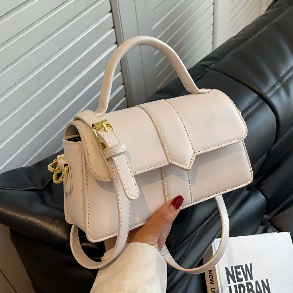 Women's beige PU leather messenger bag with sandwich pocket and horizontal square design