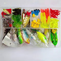 142-piece fishing lure set showing hard mino lures, sequins, fishhooks, and fishing pliers arranged together